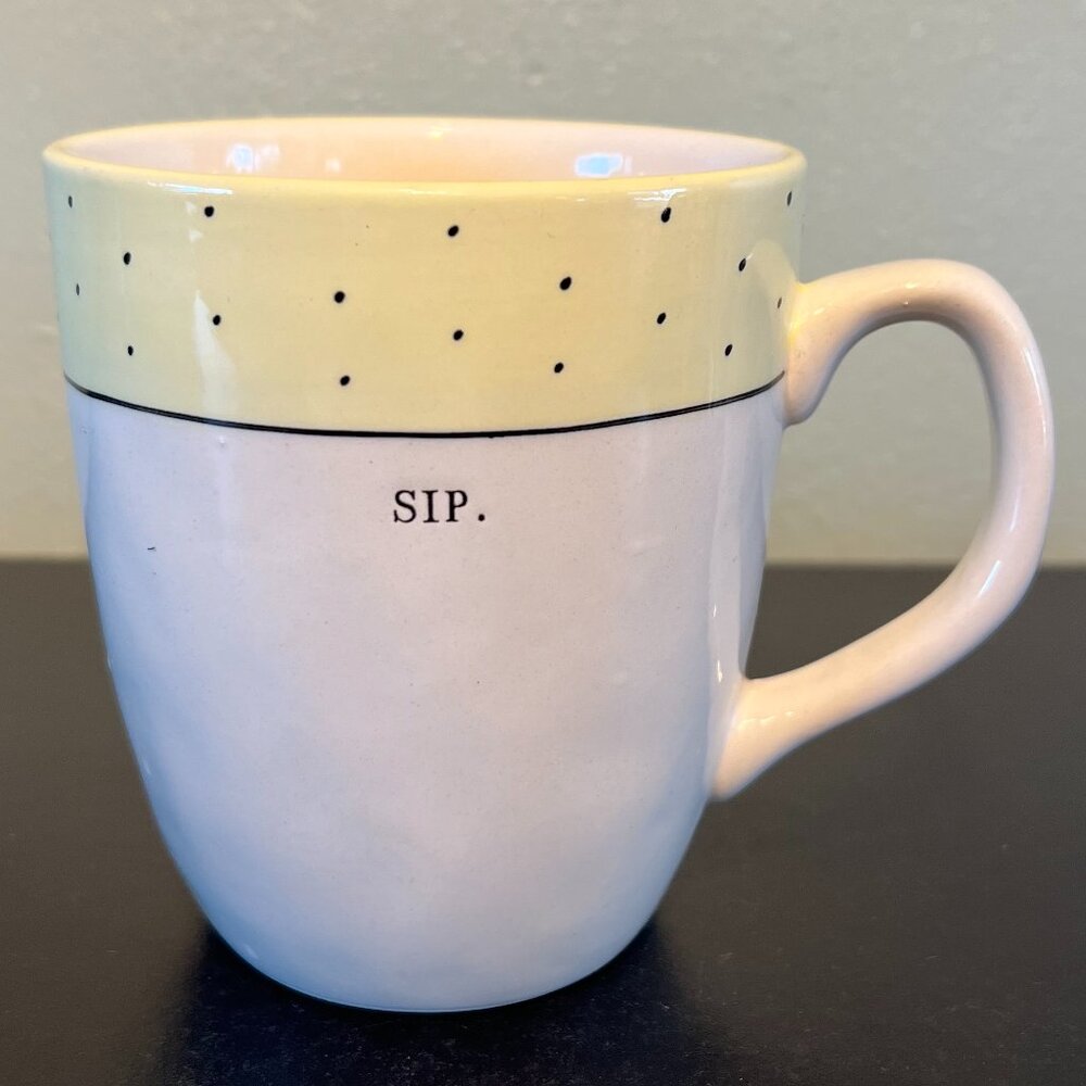 Rae Dunn Magenta Polka Dot Typewriter Font SIP Ceramic Coffee Mug Tea Cup 18oz